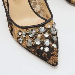 مملوكة مسبقًا Jimmy Choo Black Lace and Mesh Crystal Embellished Pointed Toe Pumps Size 39