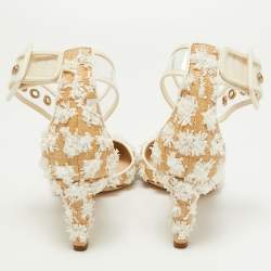 مملوكة مسبقًا Jimmy Choo Beige/White Floral Woven Raffia and PVC Magic Ankle Strap Pumps Size 37
