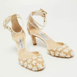 مملوكة مسبقًا Jimmy Choo Beige/White Floral Woven Raffia and PVC Magic Ankle Strap Pumps Size 37