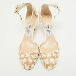 مملوكة مسبقًا Jimmy Choo Beige/White Floral Woven Raffia and PVC Magic Ankle Strap Pumps Size 37