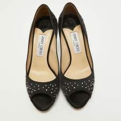 Pre Owned Jimmy Choo Black Satin Crystal Embellished Dali Peep Toe Pumps Size 38
