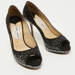 Pre Owned Jimmy Choo Black Satin Crystal Embellished Dali Peep Toe Pumps Size 38