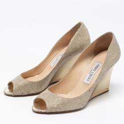 Jimmy Choo Gold Coarse Glitter Baxen Wedge Pumps Size 38