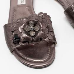 Pre Owned Jimmy Choo Metallic Bronze Leather Neave Floral Applique Slides 38.5