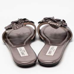 Pre Owned Jimmy Choo Metallic Bronze Leather Neave Floral Applique Slides 38.5