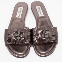 Pre Owned Jimmy Choo Metallic Bronze Leather Neave Floral Applique Slides 38.5