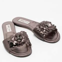Pre Owned Jimmy Choo Metallic Bronze Leather Neave Floral Applique Slides 38.5