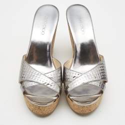 Pre Owned Jimmy Choo Silver Leather Prima Wedge Sandals Size 38.5