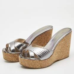 Pre Owned Jimmy Choo Silver Leather Prima Wedge Sandals Size 38.5
