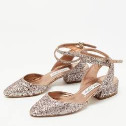 Pre Owned Jimmy Choo Pink Coarse Glitter Micky Ankle Strap Pumps Size 37.5