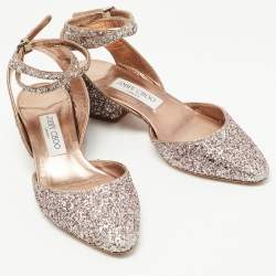 Pre Owned Jimmy Choo Pink Coarse Glitter Micky Ankle Strap Pumps Size 37.5