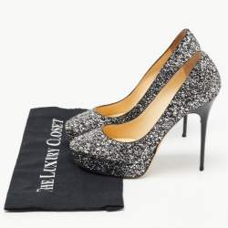 مملوكة مسبقًا Jimmy Choo Silver/Black Coarse Glitter Eros Platform Pumps Size 39.5