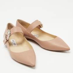 Pre Owned Jimmy Choo Beige Leather Crystal Embellished Mary Jane Ballet Flats Size 39