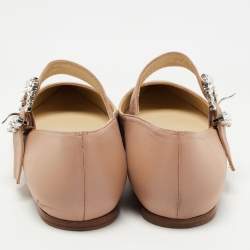 Pre Owned Jimmy Choo Beige Leather Crystal Embellished Mary Jane Ballet Flats Size 39