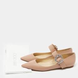 Pre Owned Jimmy Choo Beige Leather Crystal Embellished Mary Jane Ballet Flats Size 39