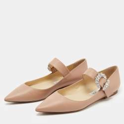 Jimmy Choo Beige Leather Crystal Embellished Mary Jane Ballet