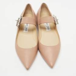 Pre Owned Jimmy Choo Beige Leather Crystal Embellished Mary Jane Ballet Flats Size 39