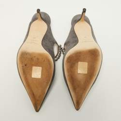 Pre Owned Jimmy Choo Grey Suede Bing Crystal Embellished Pointed Toe Mules Size 38