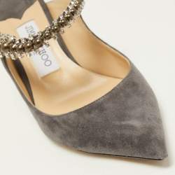 Pre Owned Jimmy Choo Grey Suede Bing Crystal Embellished Pointed Toe Mules Size 38