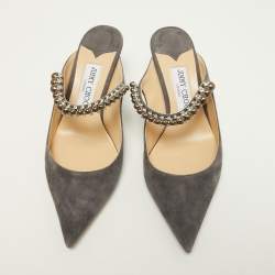 Pre Owned Jimmy Choo Grey Suede Bing Crystal Embellished Pointed Toe Mules Size 38
