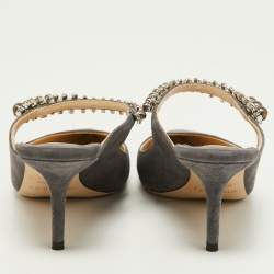 Pre Owned Jimmy Choo Grey Suede Bing Crystal Embellished Pointed Toe Mules Size 38