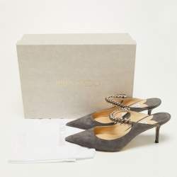 Pre Owned Jimmy Choo Grey Suede Bing Crystal Embellished Pointed Toe Mules Size 38