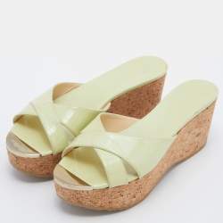 Pre Owned Jimmy Choo Lime Green Patent Leather Cork Prima Platform Wedge Sandals Size 39.5