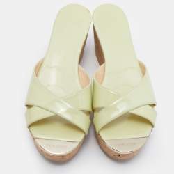 Pre Owned Jimmy Choo Lime Green Patent Leather Cork Prima Platform Wedge Sandals Size 39.5