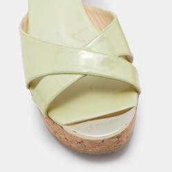 Pre Owned Jimmy Choo Lime Green Patent Leather Cork Prima Platform Wedge Sandals Size 39.5
