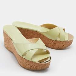 Pre Owned Jimmy Choo Lime Green Patent Leather Cork Prima Platform Wedge Sandals Size 39.5