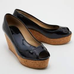 Pre Owned Jimmy Choo Black Patent Leather Parley Peep Toe Cork Platform Wedge Pumps Size 38.5