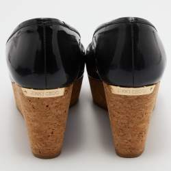 Pre Owned Jimmy Choo Black Patent Leather Parley Peep Toe Cork Platform Wedge Pumps Size 38.5