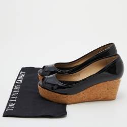 Pre Owned Jimmy Choo Black Patent Leather Parley Peep Toe Cork Platform Wedge Pumps Size 38.5