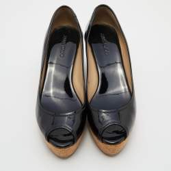 Pre Owned Jimmy Choo Black Patent Leather Parley Peep Toe Cork Platform Wedge Pumps Size 38.5