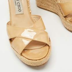 Pre Owned Jimmy Choo Beige Patent Leather Pallis Espadrille Wedge Sandals Size 39
