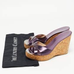Pre Owned Jimmy Choo Metallic Purple Leather Prima Cork Wedge Sandals Size 37