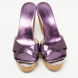 Pre Owned Jimmy Choo Metallic Purple Leather Prima Cork Wedge Sandals Size 37