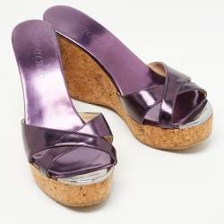 Pre Owned Jimmy Choo Metallic Purple Leather Prima Cork Wedge Sandals Size 37