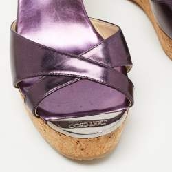 Pre Owned Jimmy Choo Metallic Purple Leather Prima Cork Wedge Sandals Size 37