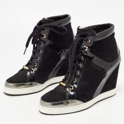 Pre Owned Jimmy Choo Black Suede and Patent Leather Panama Wedge Sneakers Size 39