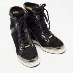Pre Owned Jimmy Choo Black Suede and Patent Leather Panama Wedge Sneakers Size 39