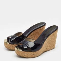 Pre Owned Jimmy Choo Black Patent Leather Prima Cork Wedge Sandals Size 39