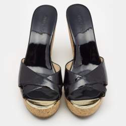 Pre Owned Jimmy Choo Black Patent Leather Prima Cork Wedge Sandals Size 39