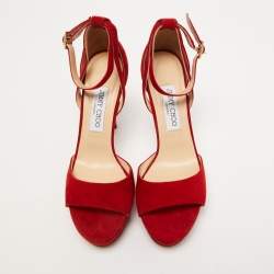 Jimmy Choo Red Suede Platform Ankle Strap Sandals Size 38