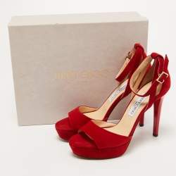 Jimmy Choo Red Suede Platform Ankle Strap Sandals Size 38