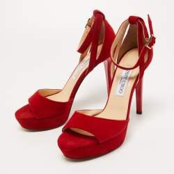 Jimmy Choo Red Suede Platform Ankle Strap Sandals Size 38