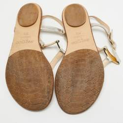 مملوكة مسبقًا Jimmy Choo Silver Textured Leather Flat Ankle Strap Sandals Size 35.5