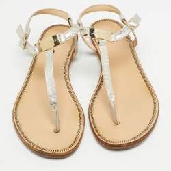 مملوكة مسبقًا Jimmy Choo Silver Textured Leather Flat Ankle Strap Sandals Size 35.5