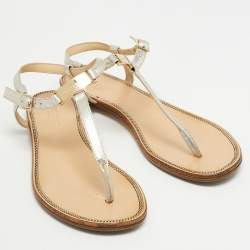 مملوكة مسبقًا Jimmy Choo Silver Textured Leather Flat Ankle Strap Sandals Size 35.5