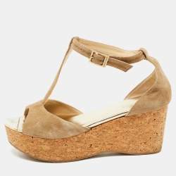 Pre Owned Jimmy Choo Beige Suede Pela Cork Sandals Size 39